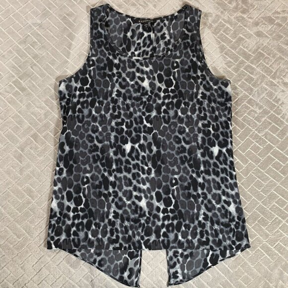 Express Womens Small Blouse Gray Leopard Print Sleeveless Wrap Back Chiffon - Picture 1 of 11